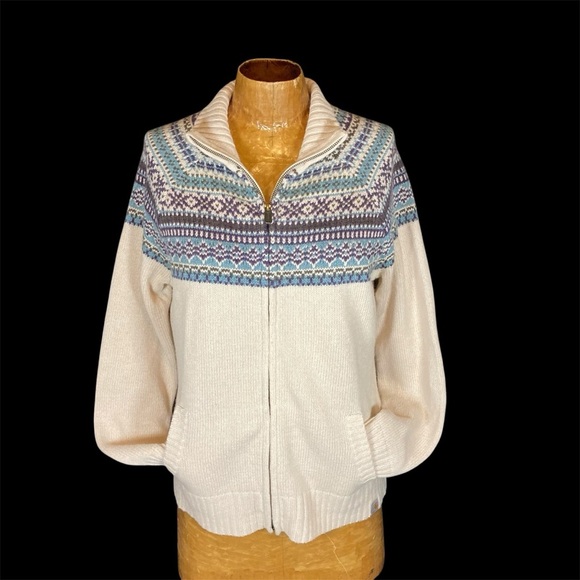 Carhartt Cream Full Zip Cardigan Sweater with Multi-Color Fair Isle Pattern - Picture 3 of 10